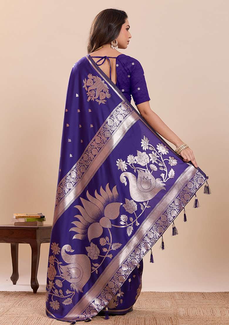 Violet Zari Work Silk Saree Set for Diwali and Festive Wear - Indya