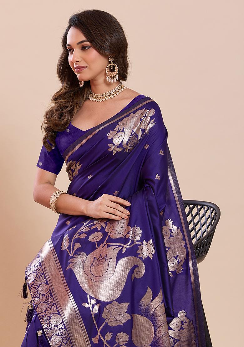 Violet Zari Work Silk Saree Set - Indya
