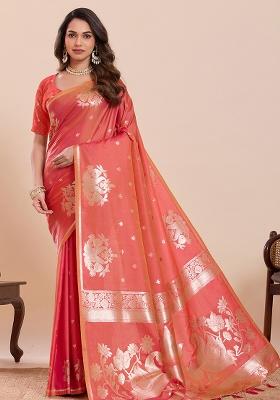 Rust Zari Work Silk Saree Set