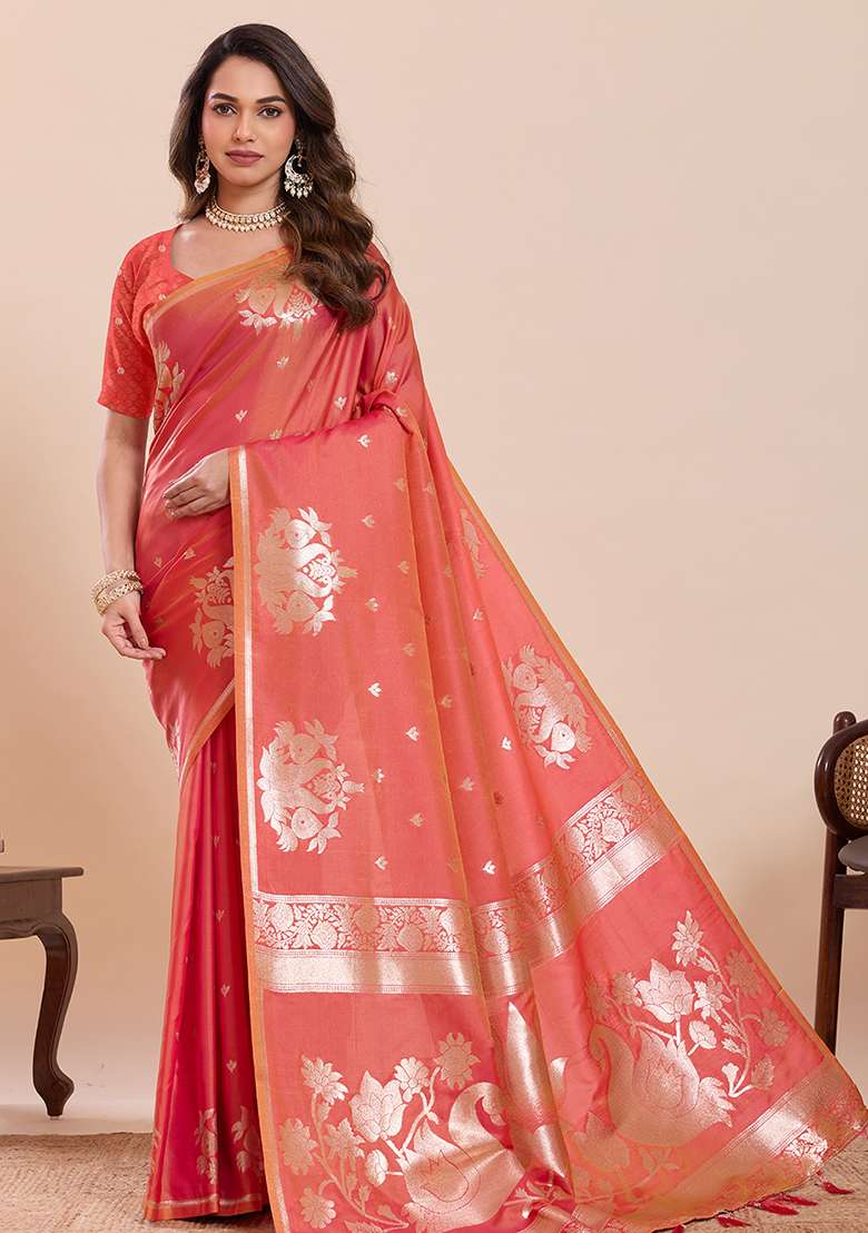 Rust Silk Saree Set with Zari Work for Diwali | Wedding & Festive Wear - Indya