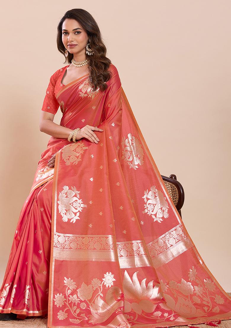 Rust Zari Work Silk Saree Set - Indya