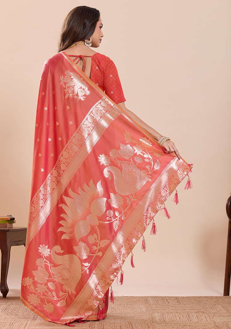 Rust Silk Saree Set with Zari Work for Diwali | Wedding & Festive Wear - Indya