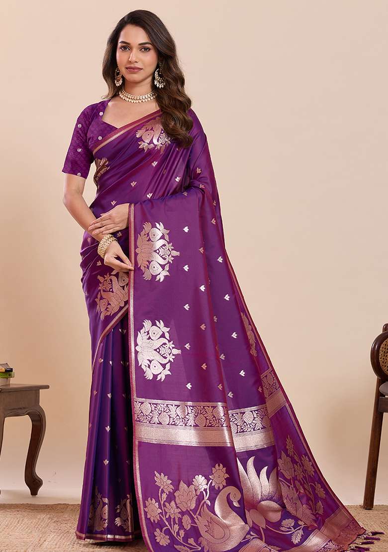 Purple Zari Work Silk Saree Set for Diwali and Festive Wear - Indya