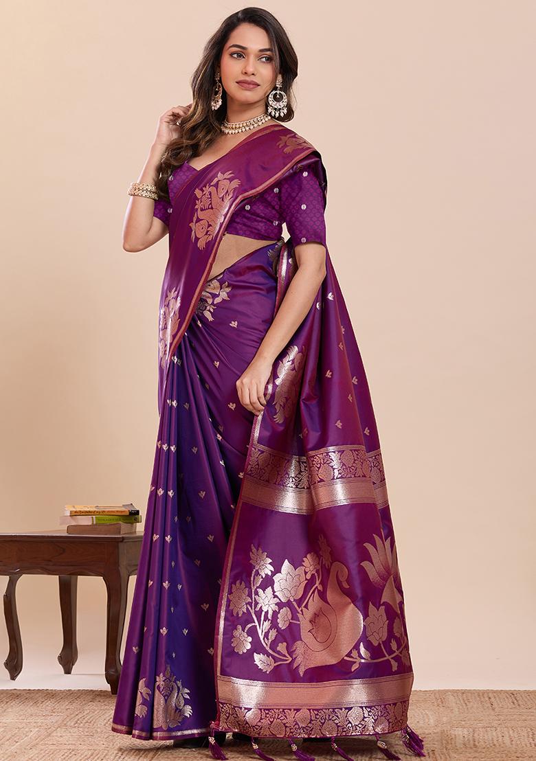 Purple Zari Work Silk Saree Set - Indya