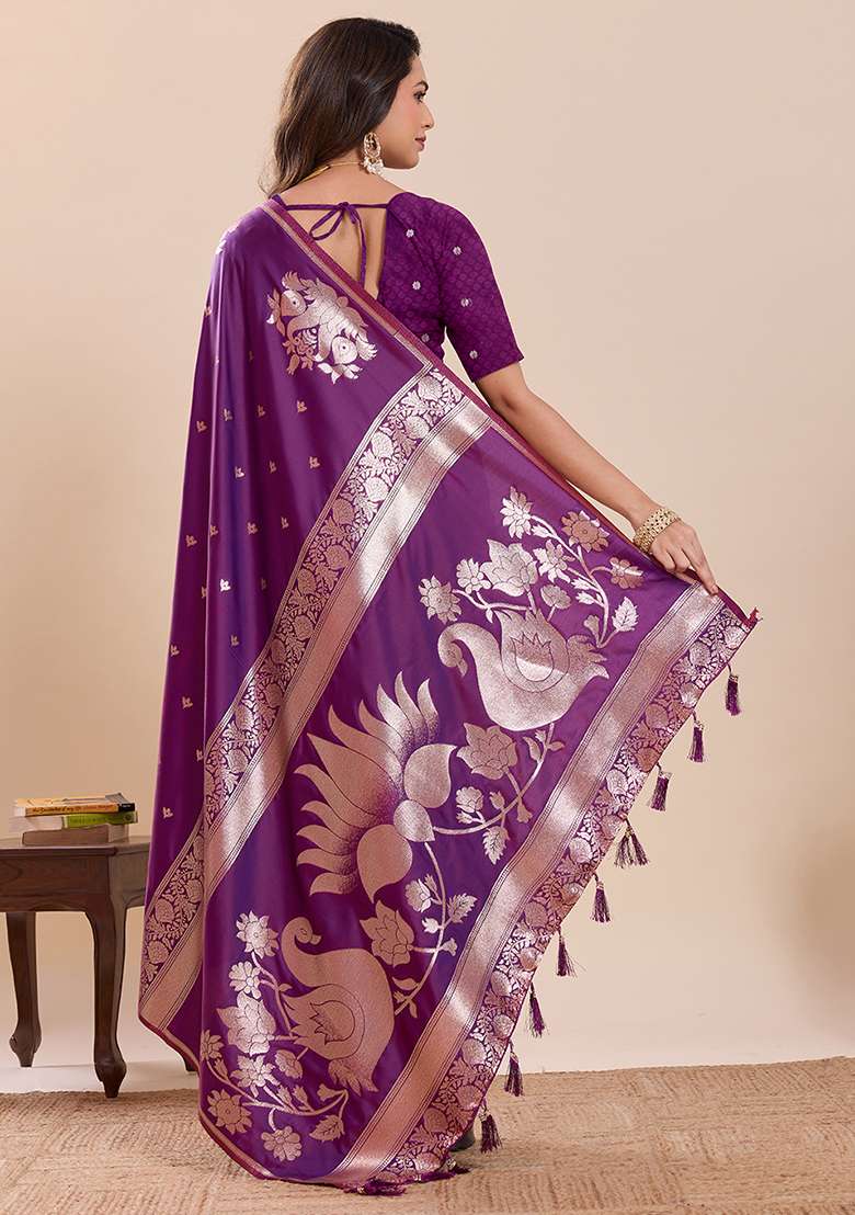 Purple Zari Work Silk Saree Set for Diwali and Festive Wear - Indya