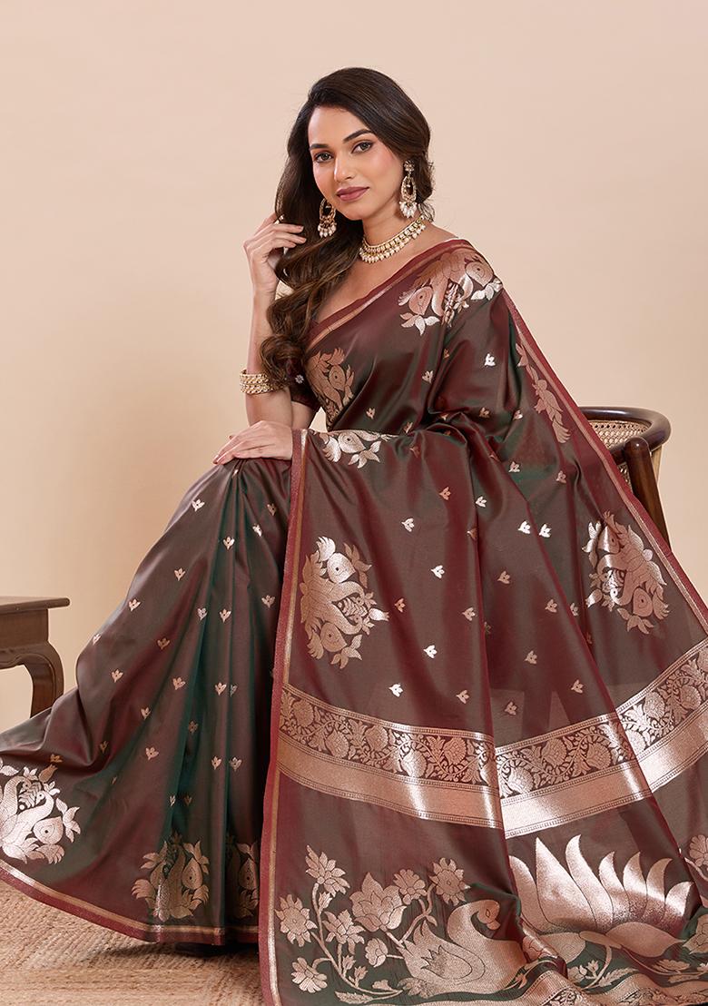 Green Zari Work Silk Saree Set - Indya