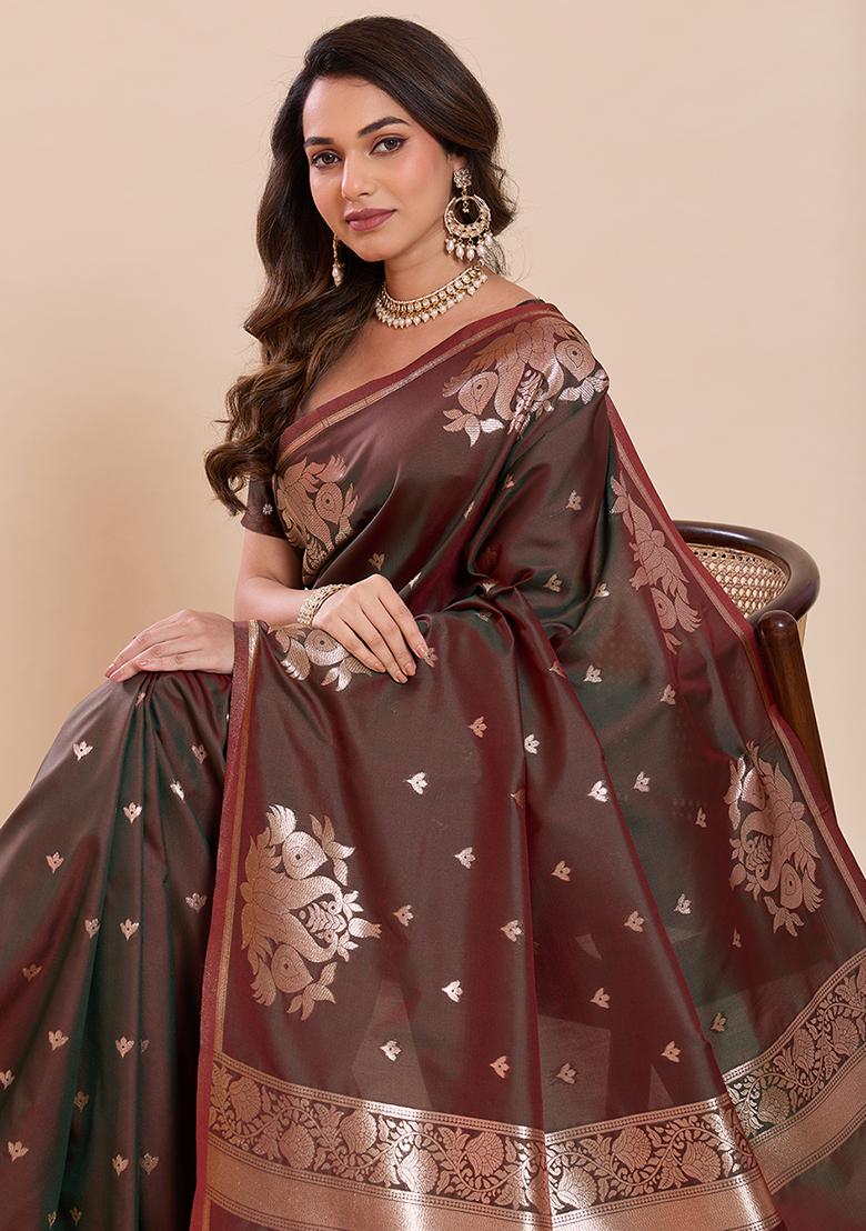 Green Zari Work Silk Saree Set - Indya