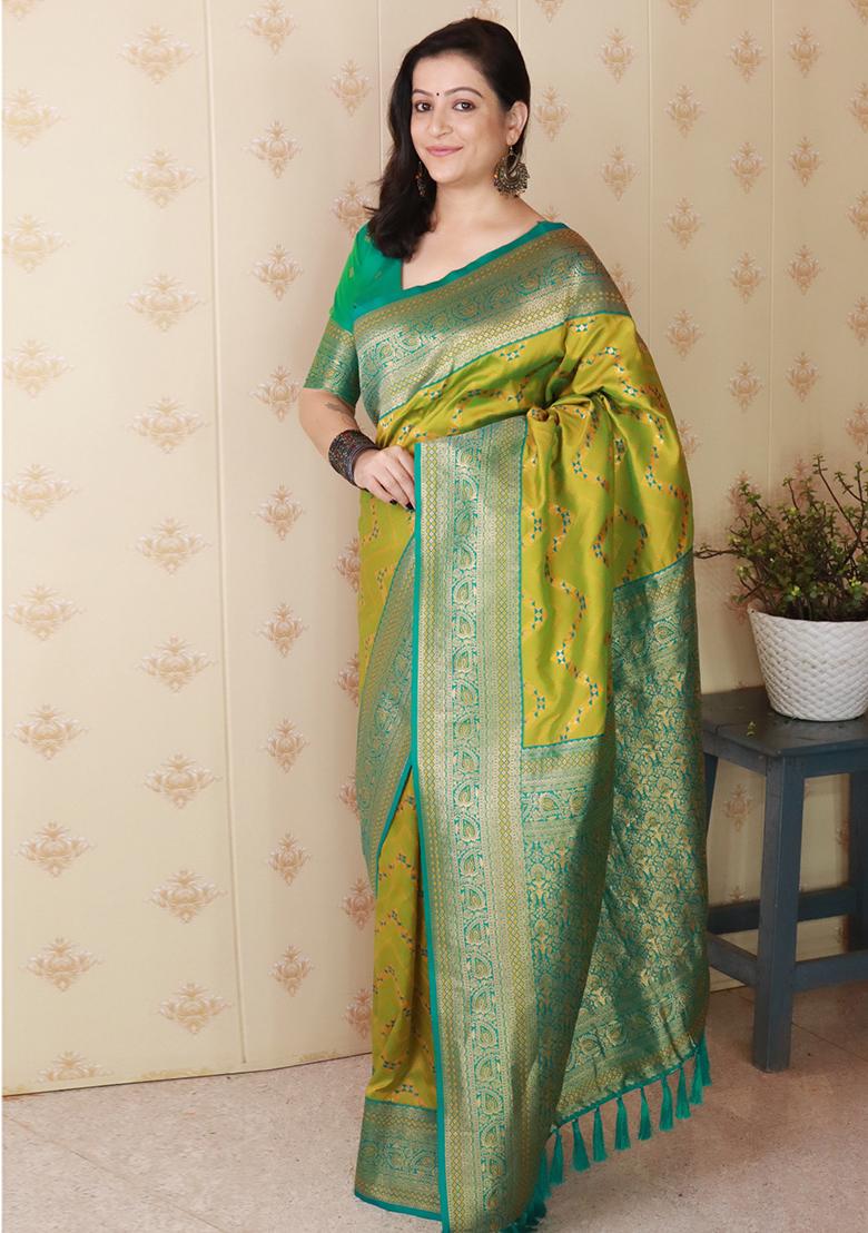 Green Zari Work Silk Saree Set - Indya