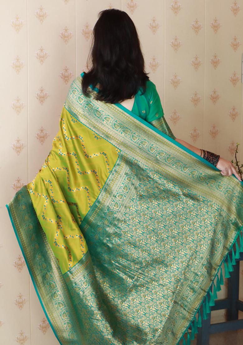 Green Zari Work Silk Saree Set - Indya