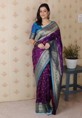 Purple Zari Work Silk Saree Set