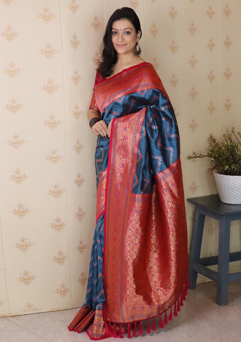 Blue Zari Work Silk Saree Set - Indya