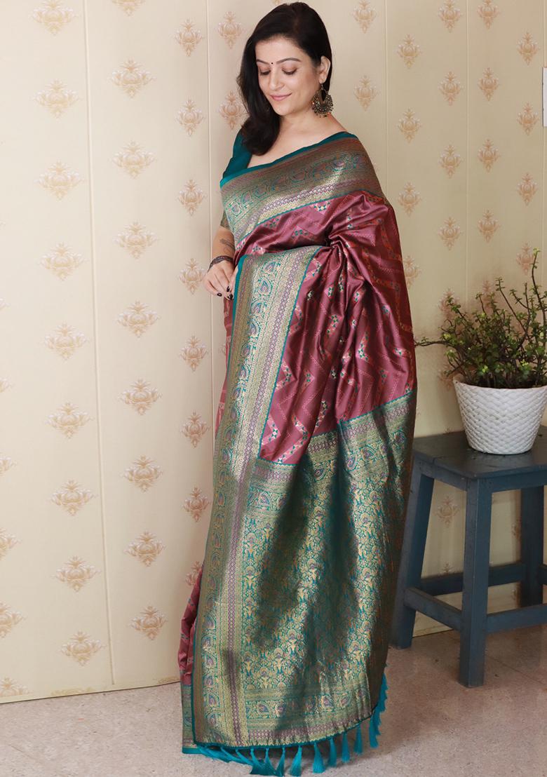 Coral Zari Work Silk Saree Set - Indya