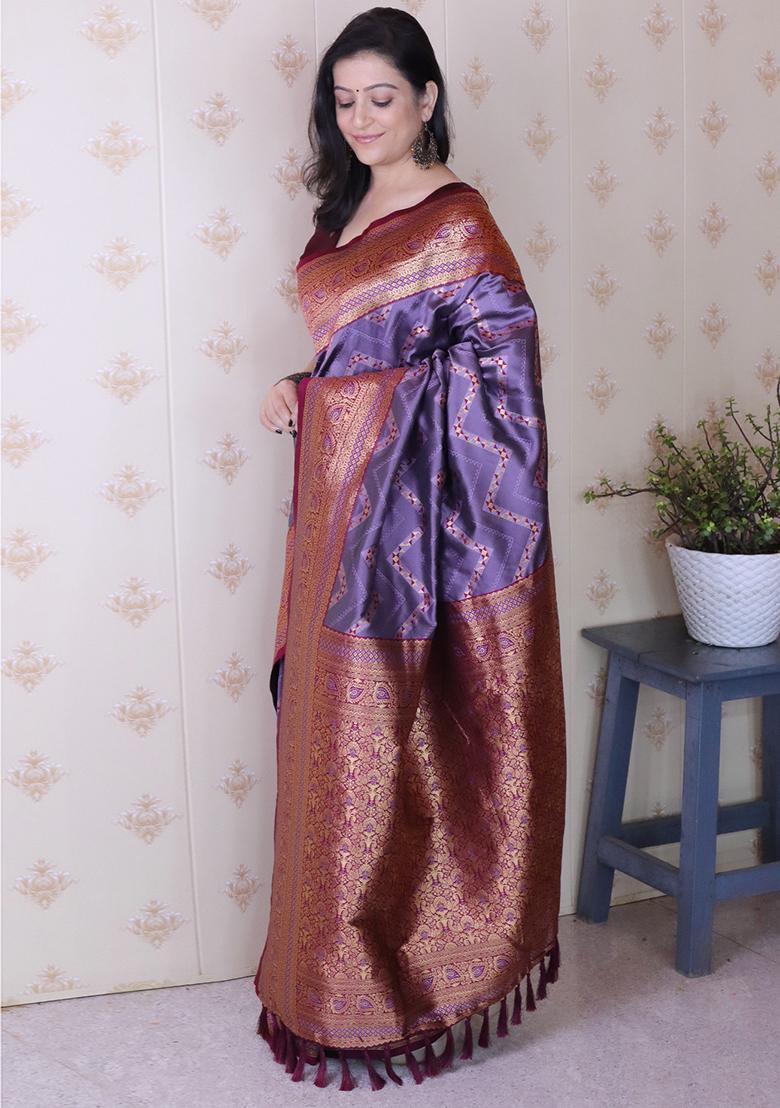 Lavender Zari Work Silk Saree Set - Indya