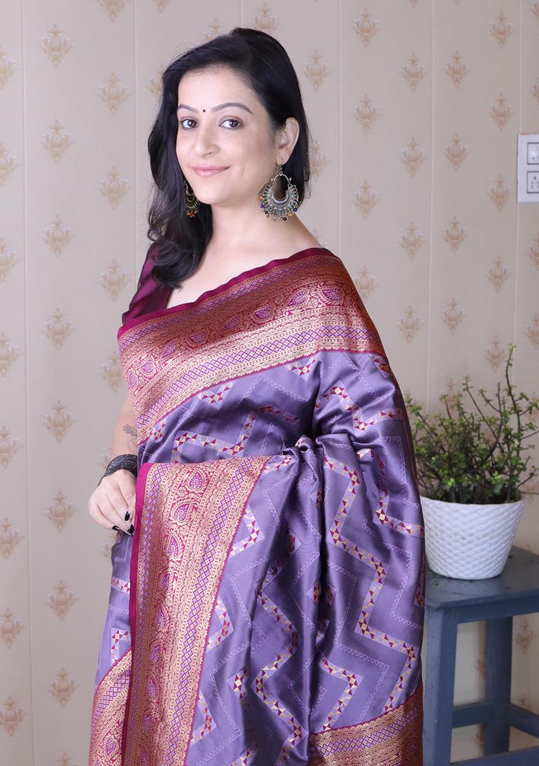 Lavender Zari Work Silk Saree Set - Indya