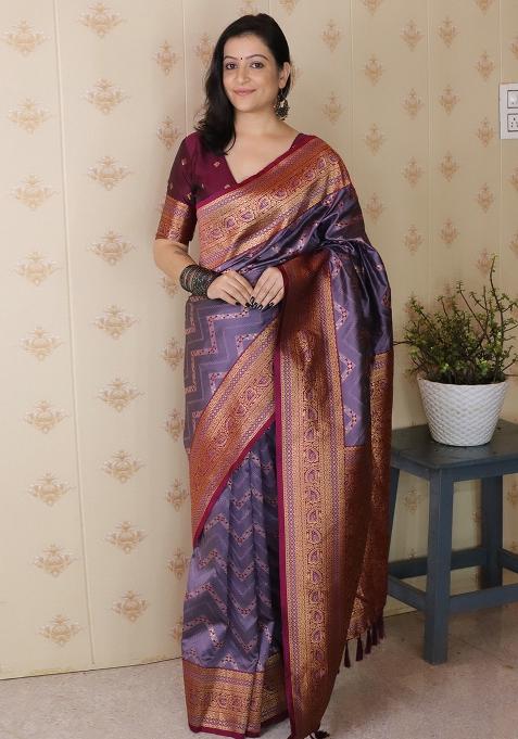 Lavender Zari Work Silk Saree Set