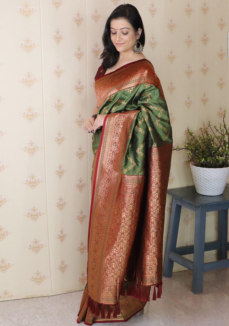 Green Zari Work Silk Saree Set - Indya