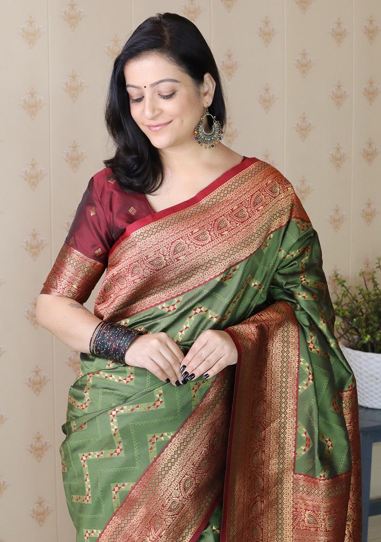 Green Zari Work Silk Saree Set - Indya