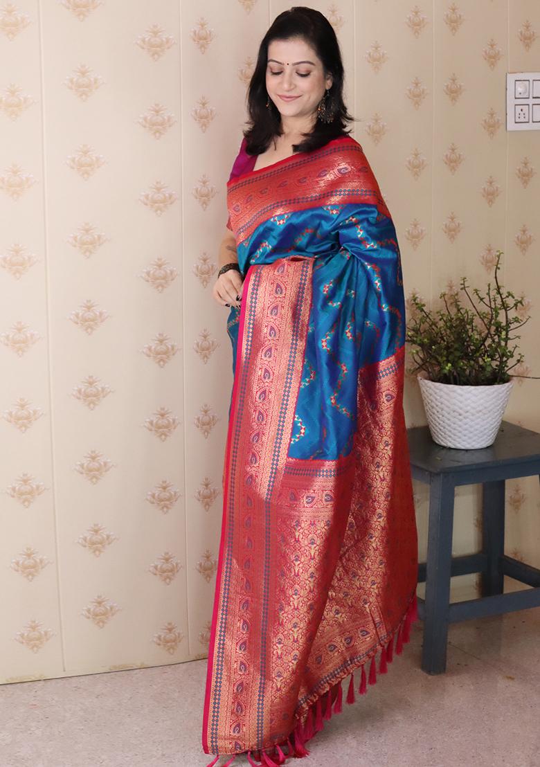 Firozi Zari Work Silk Saree Set - Indya