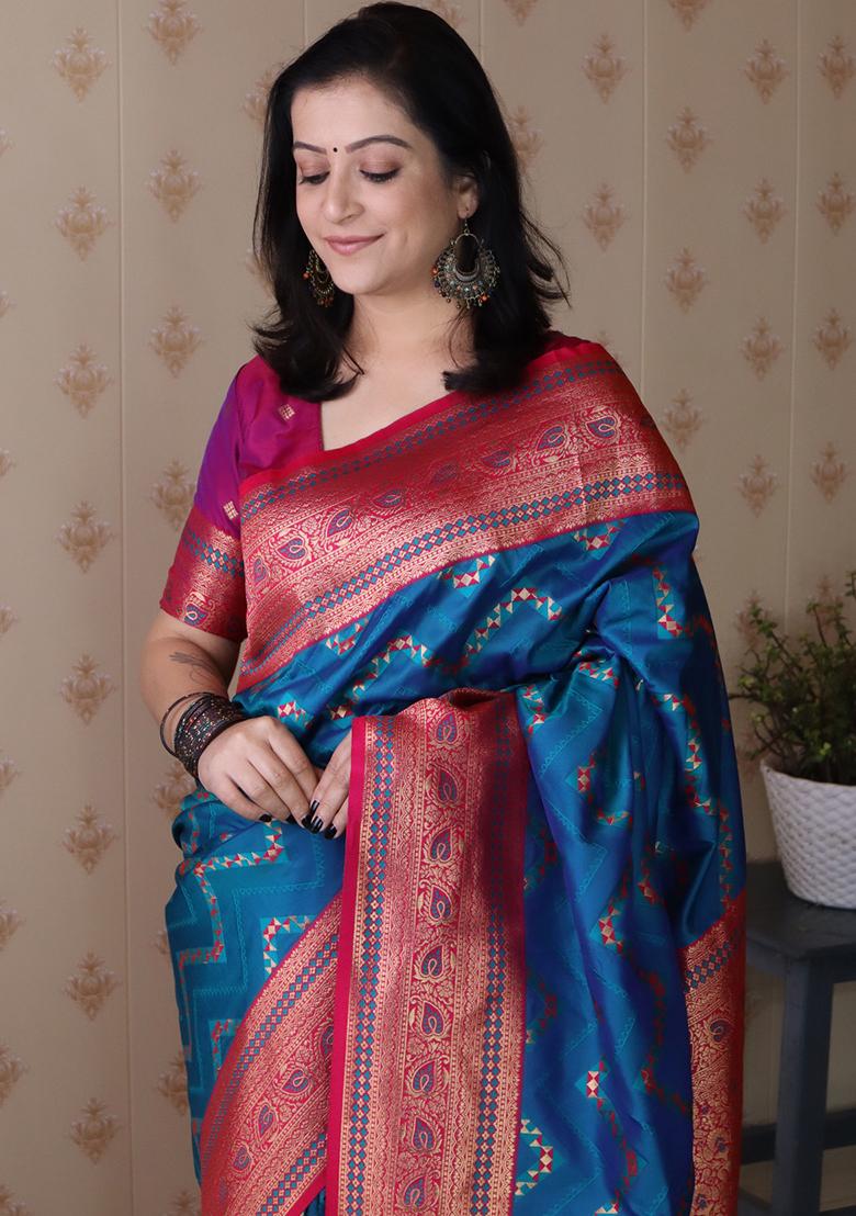 Firozi Zari Work Silk Saree Set - Indya