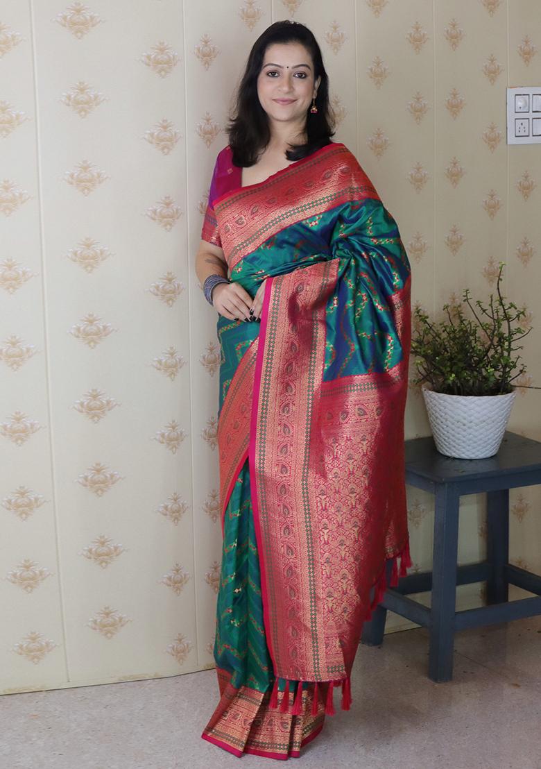 Green Zari Work Silk Saree Set - Indya