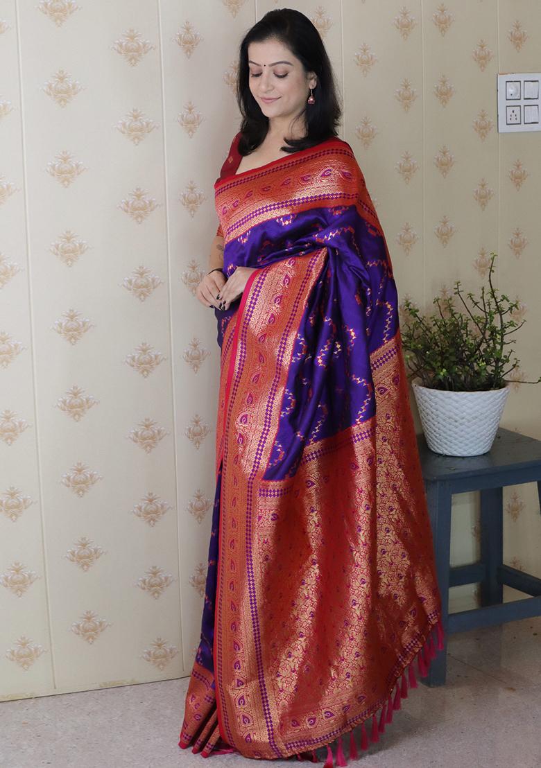 Violet Zari Work Silk Saree Set - Indya