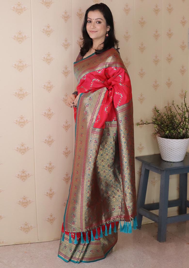 Pink Zari Work Silk Saree Set - Indya