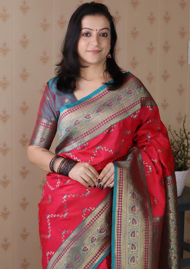 Pink Zari Work Silk Saree Set - Indya