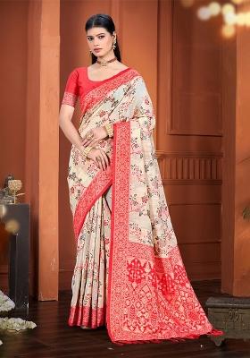 Beige Woven Work Silk Saree Set