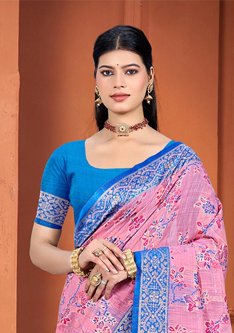 Pink Woven Work Silk Saree Set - Indya