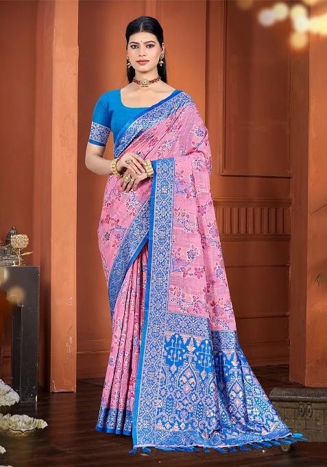 Pink Woven Work Silk Saree Set