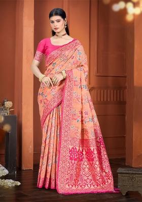 Peach Woven Work Silk Saree Set