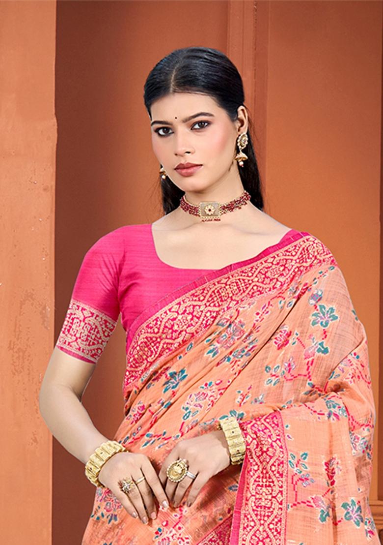 Peach Woven Work Silk Saree Set - Indya