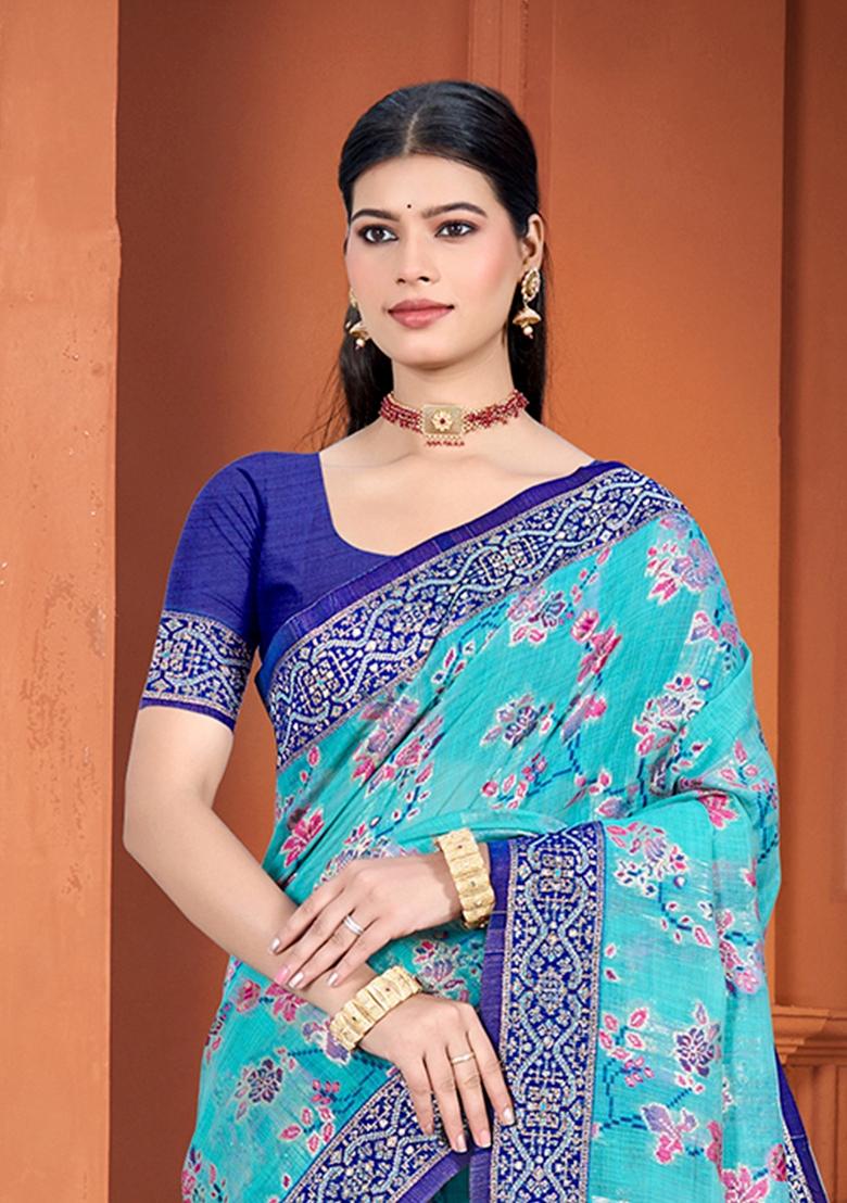 Blue Woven Work Silk Saree Set - Indya