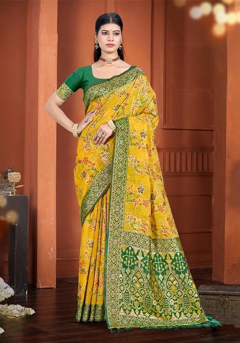 Yellow Woven Work Silk Saree Set