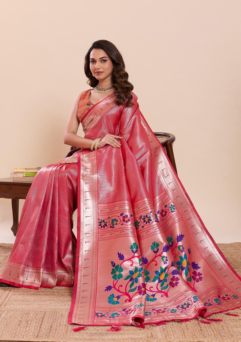 Pink Zari Work Silk Saree Set - Indya