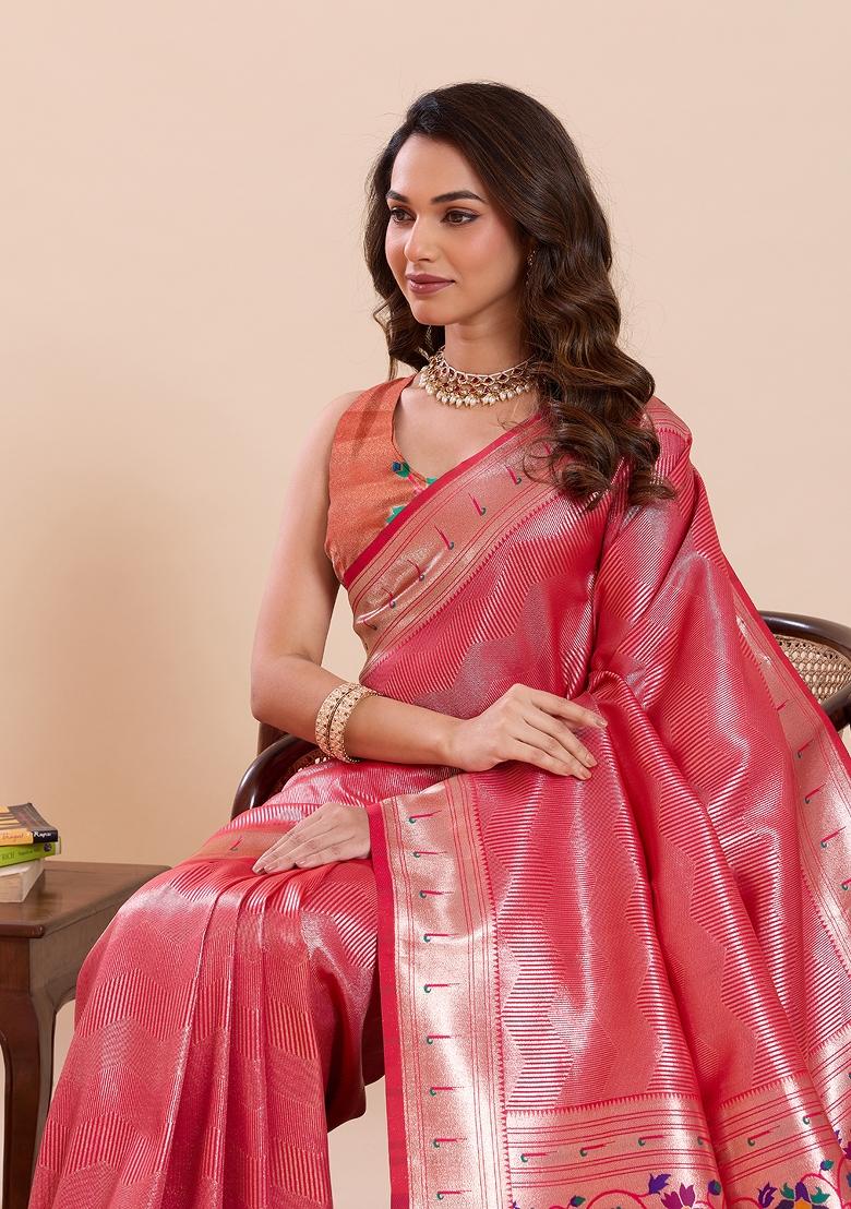 Pink Zari Work Silk Saree Set - Indya