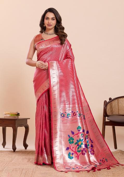 Pink Zari Work Silk Saree Set