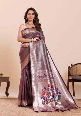 Purple Zari Work Silk Saree Set