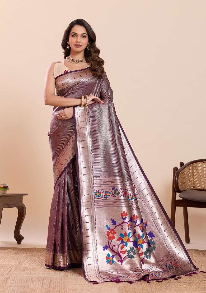 Purple Silk Saree Set with Zari Work for Diwali | Wedding & Festive Wear - Indya