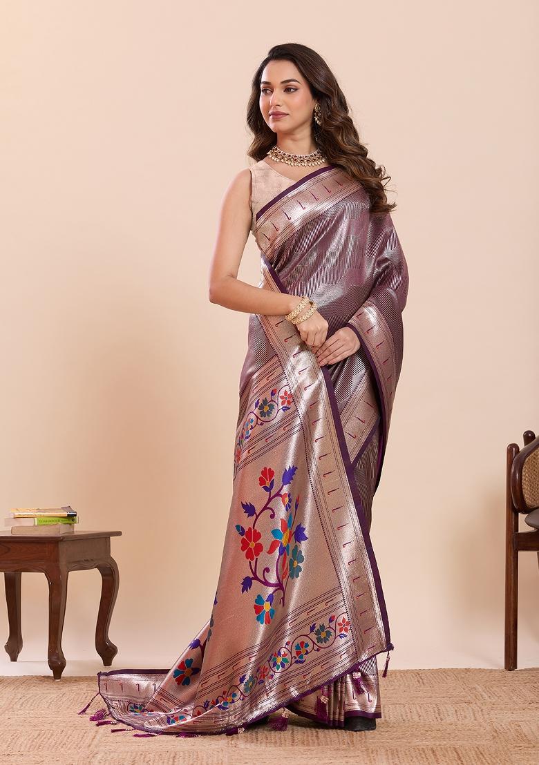 Purple Zari Work Silk Saree Set - Indya