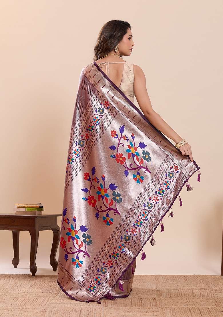 Purple Silk Saree Set with Zari Work for Diwali | Wedding & Festive Wear - Indya