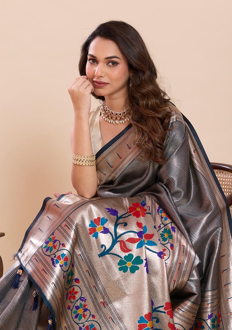 Blue Zari Work Silk Saree Set - Indya