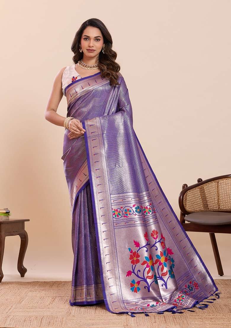 Violet Zari Work Silk Saree Set for Diwali and Festive Wear - Indya