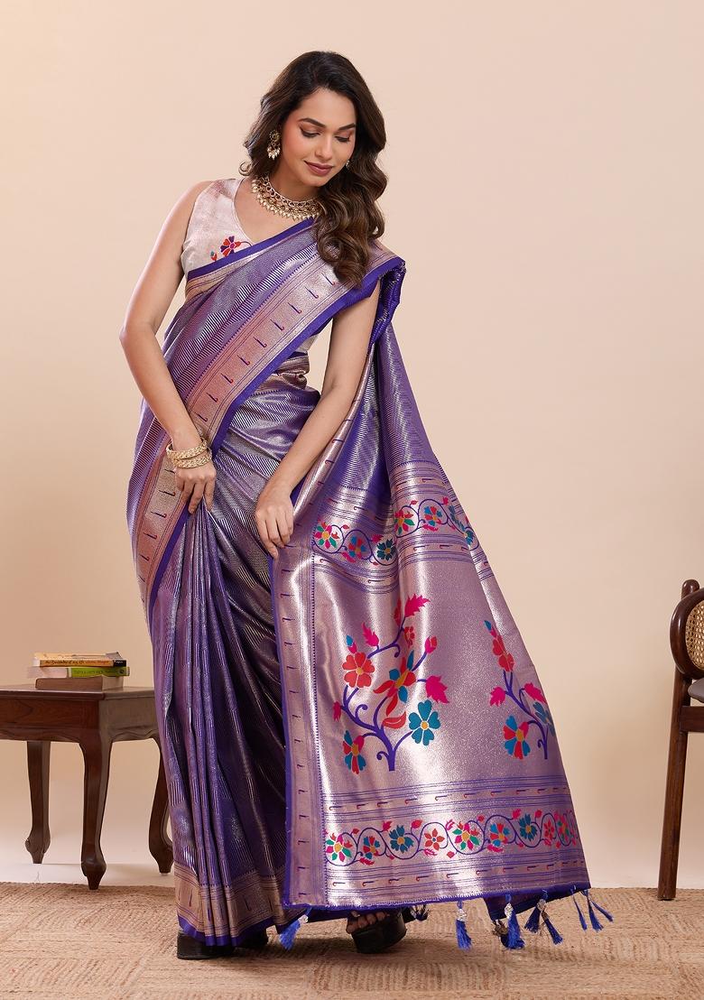 Violet Zari Work Silk Saree Set - Indya
