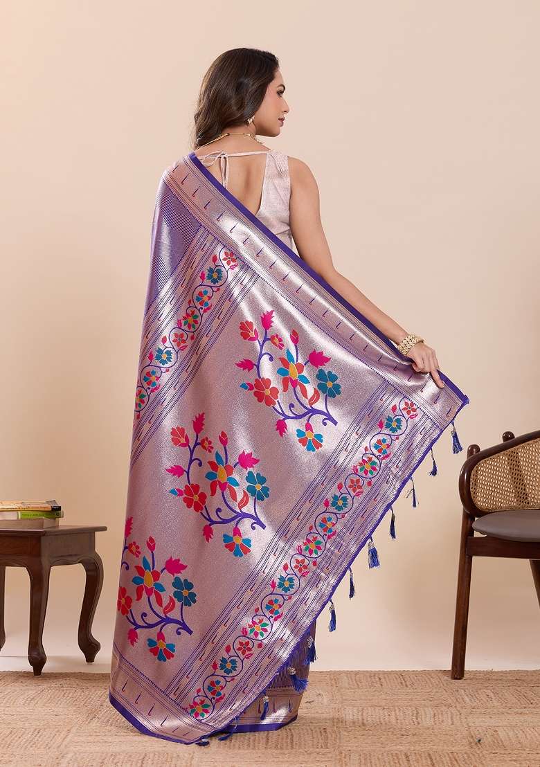 Violet Zari Work Silk Saree Set for Diwali and Festive Wear - Indya