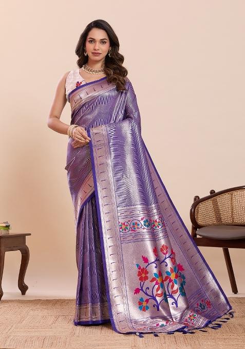 Violet Zari Work Silk Saree Set