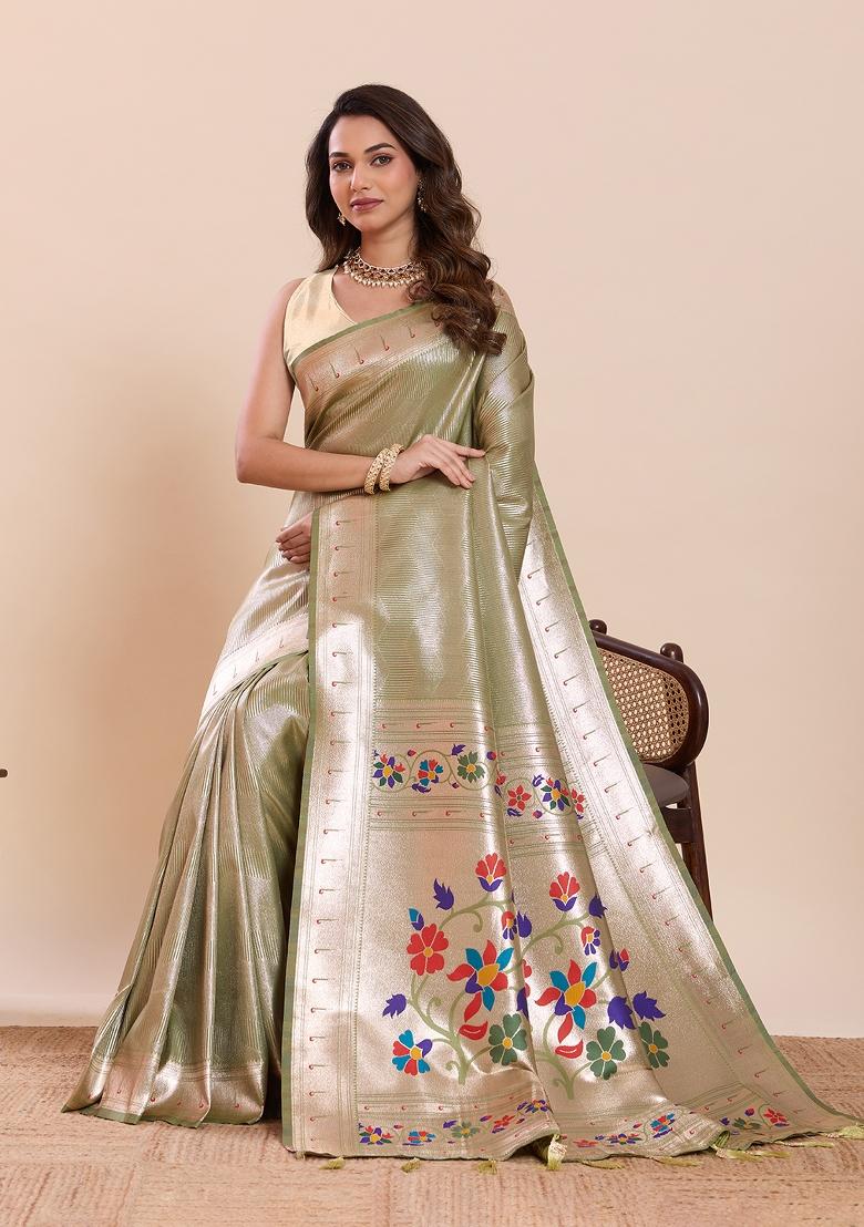 Green Zari Work Silk Saree Set - Indya