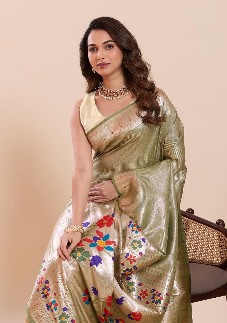 Green Zari Work Silk Saree Set - Indya