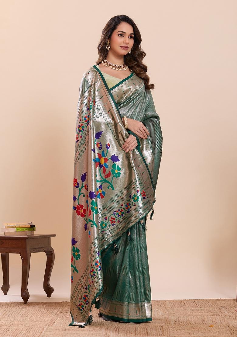 Green Zari Work Silk Saree Set - Indya