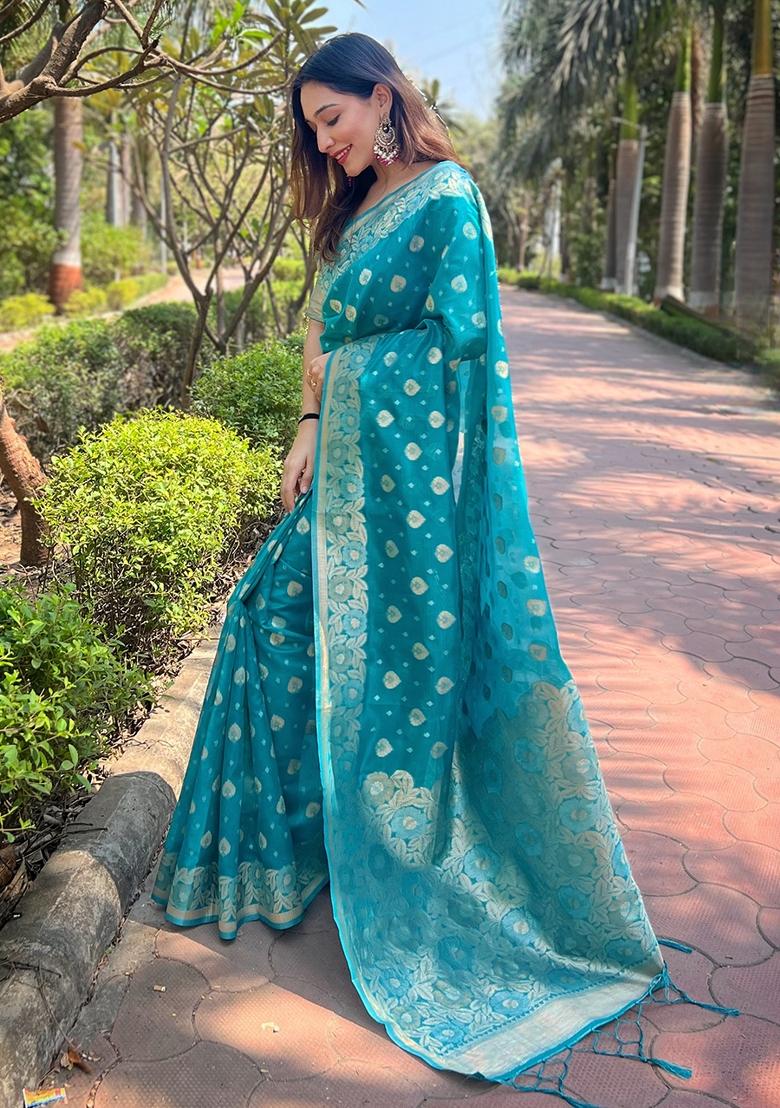 Sky Blue Zari Work Organza Saree Set - Indya